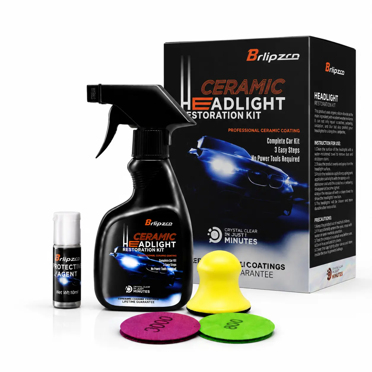 Automotive Headlight Restoration Spray Kit with Wipe-On Application - Fixes Oxidized, Yellowed, Blurred Headlamps, Enhances Crystallization Coating, Delivers Gloss Boost, Creates Extreme Hydrophobic Effect for Cars