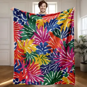 1 piece Colorful tropical plant leaf pattern themed flannel blanket - Modern design flannel blanket, suitable for sofas and beds, all-season use, super soft and warm, digital printing, 100% polyester material, machine washable, suitable for home