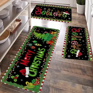 2/3pcs Christmas kitchen carpet floor mat, vintage Christmas Merry Christmas tree printed flannel non slip floor mat, suitable for kitchen, entrance door, laundry room, bathroom, living room, room Christmas decoration floor mat