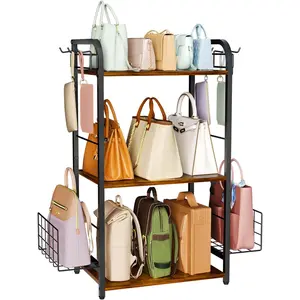 Purse Organizer with Side Hooks and Baskets for Purse Storage, Floor-Standing 3-Tier Purse Rack with Adjustable Feet, High-Capacity Bag Organizer for Closet, Iron and Wood Purse Holder, Patent Pending