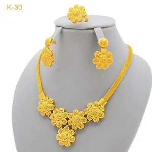Fashion Indian Flower Design Necklace Earrings Ring Jewelry Sets For Women Wedding Party 24k Gold Plated Dubai Jewelry Wholesale