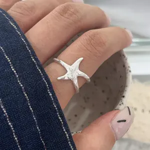 Starfish Open Ring for Women, Nautical Style Adjustable Fashion Jewelry for Beach Vacations and Everyday Wear