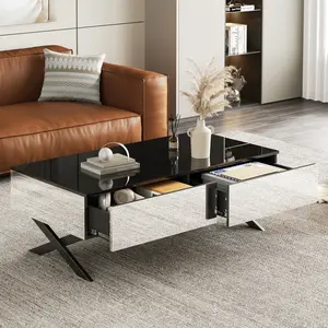 47.3" Rectangular Mirrored Coffee Table with Storage Drawers, Black High-Gloss Top, Metal Base, 2 Drawers, Spacious Surface, Multi-Functional Indoor Living Room Center Table