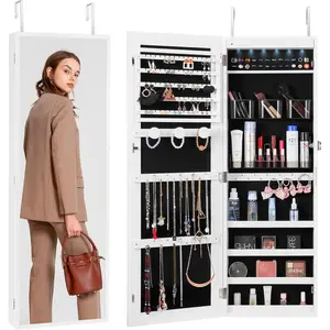 VEVOR Mirror Jewelry Cabinet, 42.5-Inch Tall Lockable Jewelry Armoire with Full-Length Mirror, Wall/Door Mounted Organizer with LED Lights and Velvet Lining, White
