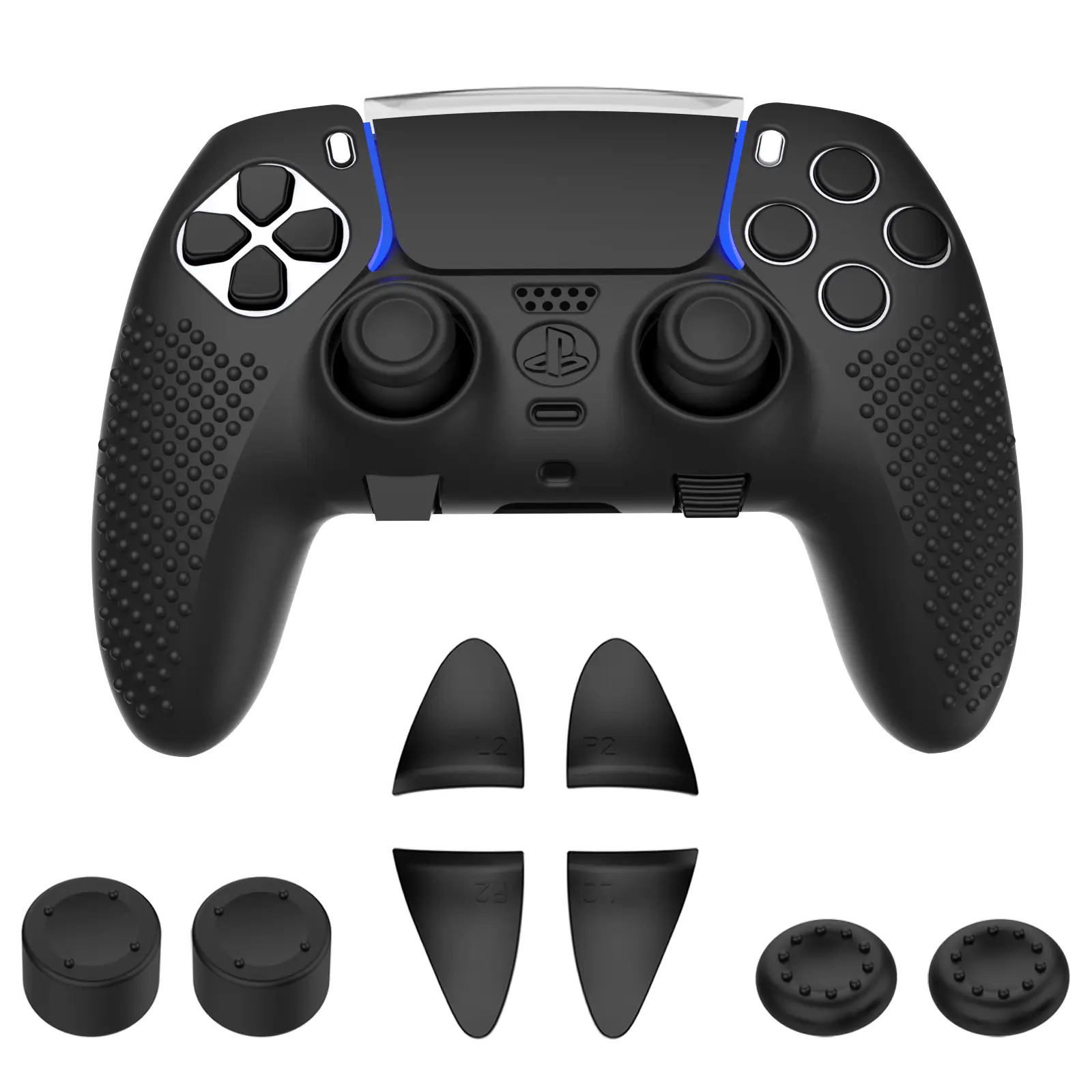 Anti-Slip Cover for PS5 DualSense Controller, Accessories Including Cover for DualSense Edge, Thumb Caps, Triggers Extenders, and Touchpad Sticker