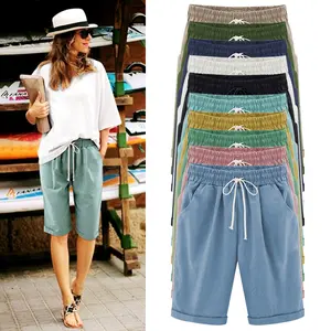 Womens Bermuda Shorts Summer Linen Knee Length Wide Leg Shorts Baggy Comfy High Waist Solid Short Pants with Pockets