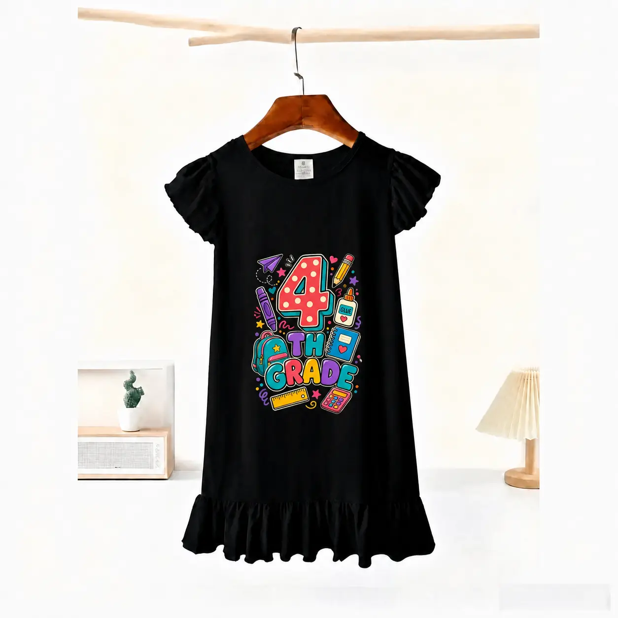 4th Grade Girls Flutter Sleeve Casual Dress, Cute School Supplies Graphic Kids Ruffle Hem Dress, First Day of Fourth Grade Back To School Outfit