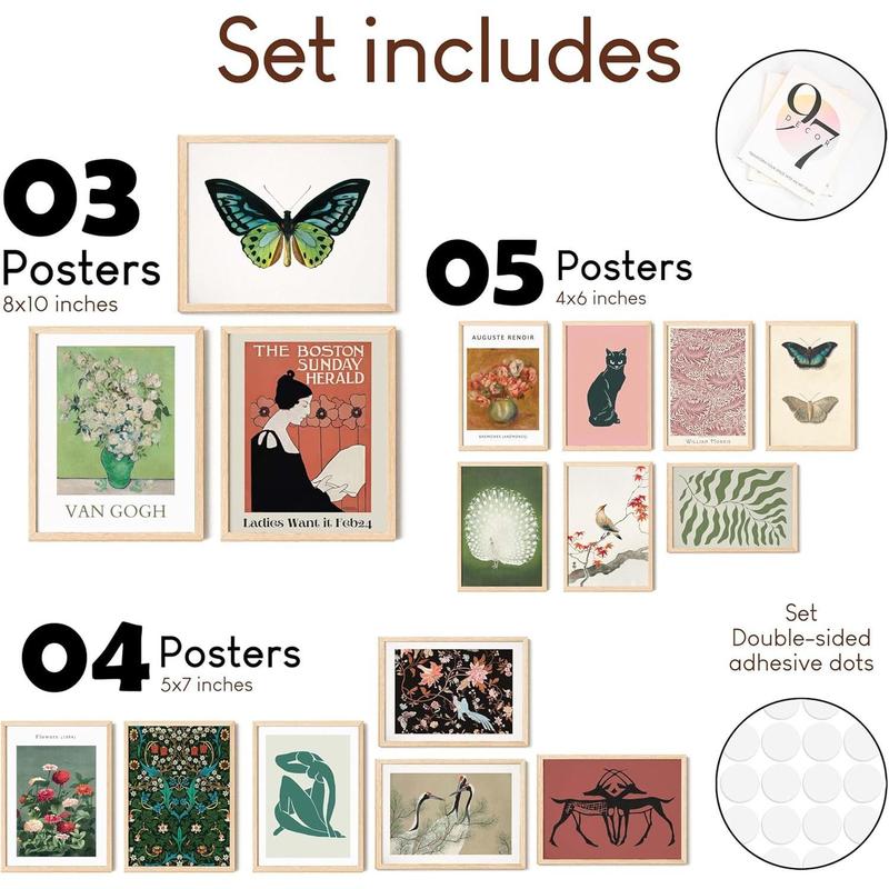 Vintage Eclectic Home Decor - 16 Pcs Boho Gallery Wall Art Prints Set, Cute Dorm Posters For Room Aesthetic Pictures, Earthy Boho Wall Decor For Girl Bedroom Apartment Decoration (Unframed)