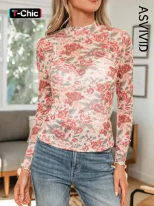 Women's Casual Retro Floral Print Mock Neck Mesh Long Sleeve Top Without Inner Lining, Slim-Fitting All Seasons Fashion, Stylish Daily Wear, Feminine Womenswear