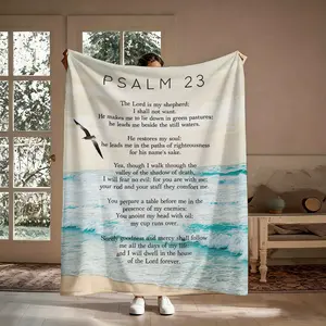 Psalm 23 The Lord Is My Shepherd Flannel Throw Blanket, Bible Verse Ocean Wave Beach Watercolor Pattern Soft Warm Cozy Nap Blanket for Couch Bed Sofa, Christian Inspirational Gift for Her Him Believer, Birthday Christmas Holiday Gift