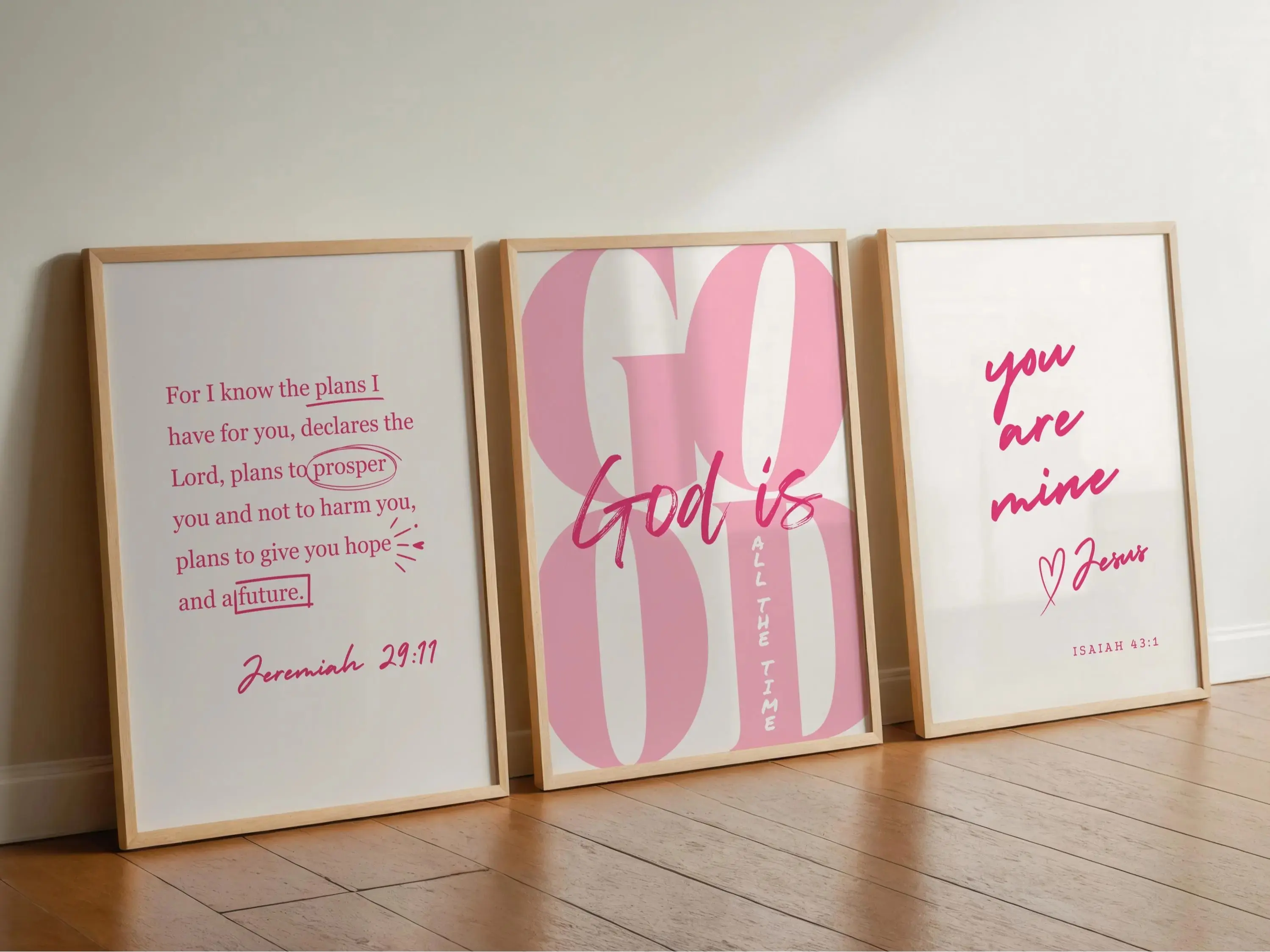 Trendy Pink Girly Christian Poster Unframed  Set of 3 Jeremiah 29 11 Wall Art God is Good All The Time Print Isaiah 43 1 Wall Art You are Mine Print