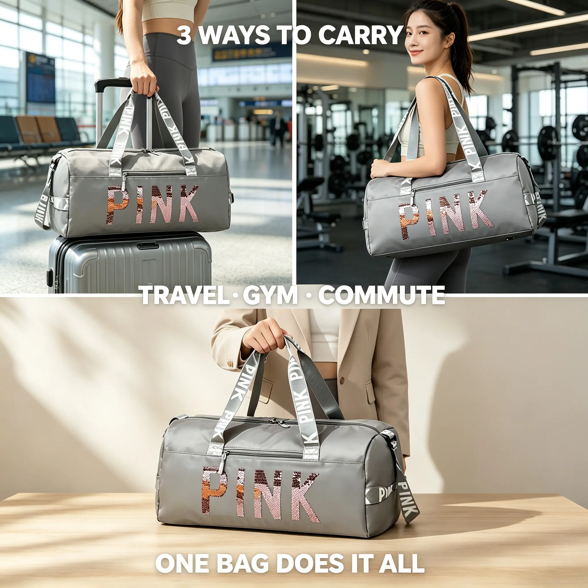 PINK Sequin Gym Bag for Women, Waterproof Barrel Sports Duffle Bag, Large Weekender Travel Overnight Bag with Shoe Pocket, Shoulder Crossbody Fitness Workout Bag for Yoga Gym Swimming getaway weekend