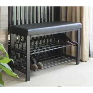 Entryway Shoe Rack with Cushioned Seat, Shoe Bench for Entry, 2 Shelves Storage Bench w/Faux Leather Top Bed Bench, Black