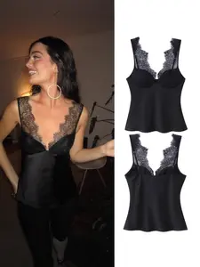 New Spring Summer Women's Fashionable Lace Satin Vest Top, Sleeveless Casual Everyday for Holidays, Stylish Streetwear