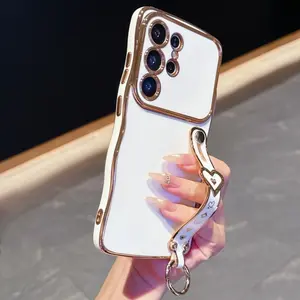 Fashionable Wrist Strap Stand Phone Case for Galaxy S22 S23 S24 S25 S26 Plus Ultra Fe, Simple Protective Cover, Electroplated Wave Design