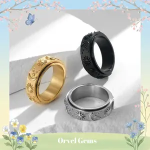Sun & Moon Fidget Spinner Ring – Anxiety Relief, Couples Gift, Moon & Stars Design, Unisex Celestial Jewelry, Size 6–13