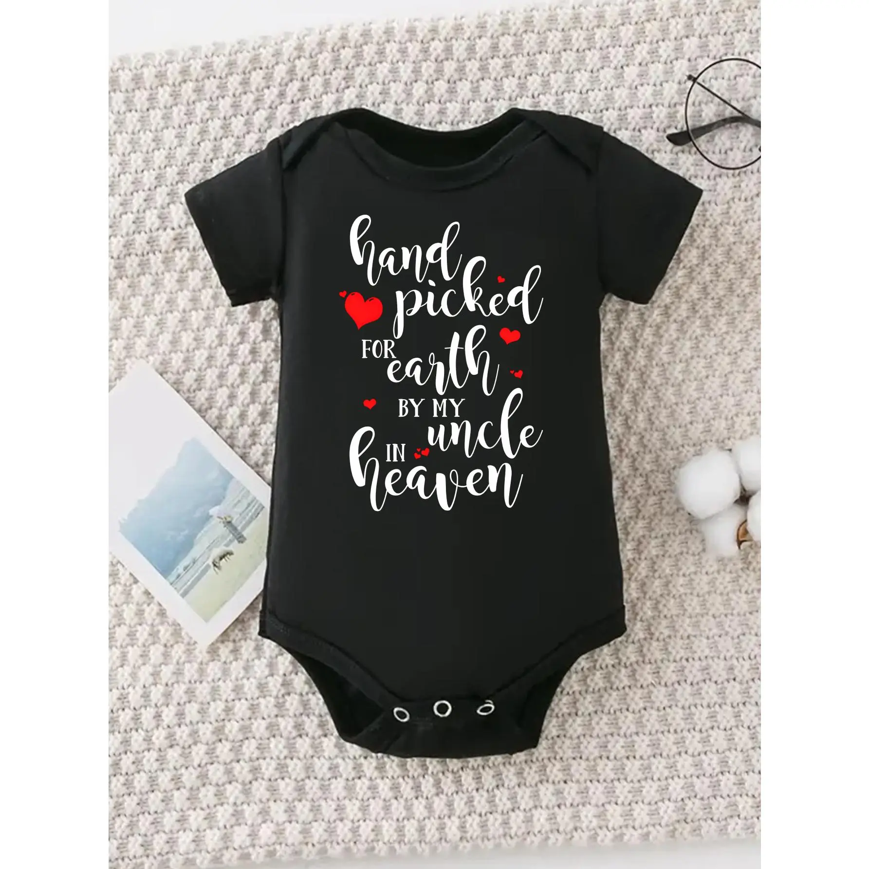 Cute Baby Bodysuit With Hand Picked For Earth By My Uncle In Heaven Print Soft Versatile Round Neck Button Detail Regular Fit All Seasons Knitted Fabric Onesie For 0-12 Months, Onesie Shape Unisex Bodysuits & One-Pieces