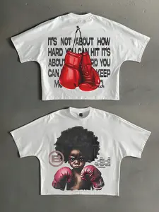 Men's Crew Neck T-Shirt (Single Pack) — Batwing Sleeves, Cropped Boxy Fit, Boxing-Themed Graphic Print. A Youthful, Streetwear-Inspired Style Perfect for Daily Commuting and Casual Wear; An Ideal Gift for Father's Day or Your Boyfriend.