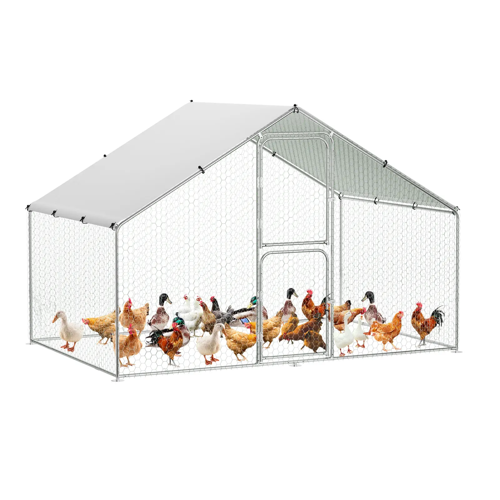 Large Galvanized Steel Chicken Coop Enclosure - Outdoor Poultry Hutch with Waterproof Anti-UV Cover, Spire Roof, Hex Mesh, Left-Right Door for Yard Hen Duck