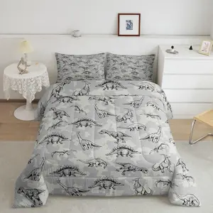 Dinosaur Designer Comforter Set,Cartoon Dino Comforter,Camouflage Luxury Bedding Set,Breathable Wildlife Style Gray Duvet Set,Room Decor Quilt Set