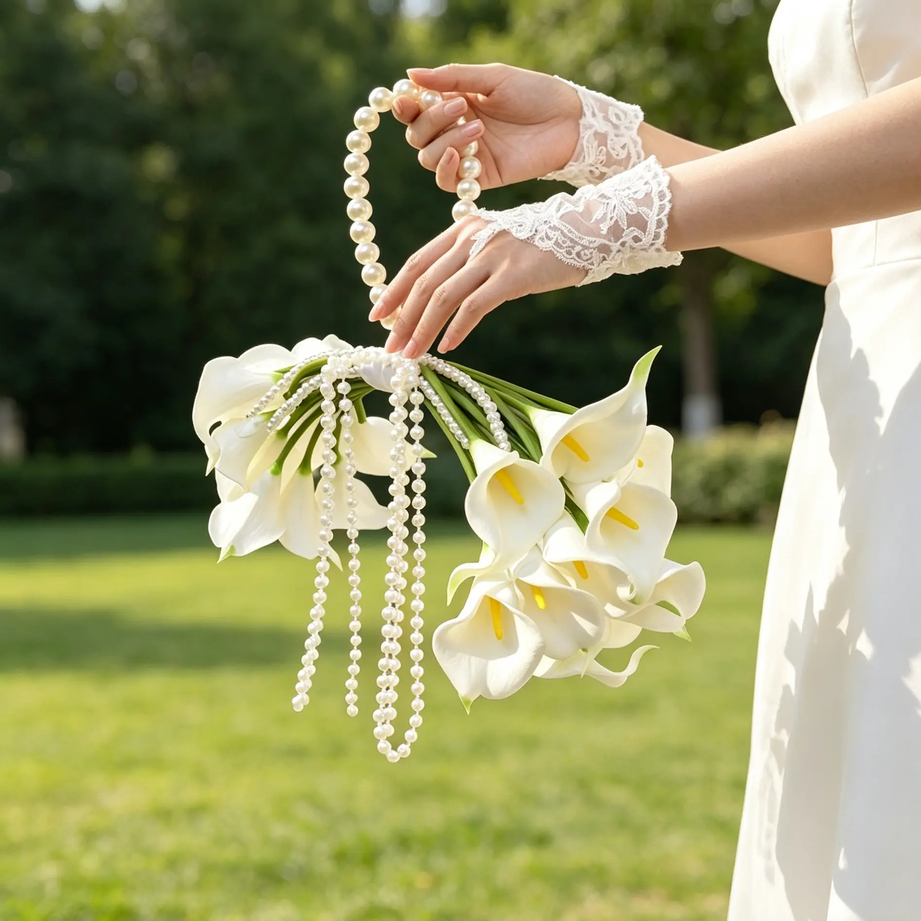 Silvanest 20pcs White Artificial Calla Lily Bridal Bouquet with 15.7in Stems & Pearl Bead Handle - Wedding Photo Prop for Bridesmaids