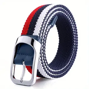 Three-Color Golf Elastic Belt Unisex High-Quality Casual Pants Belt with Silver Buckle Navy Red White Stripes