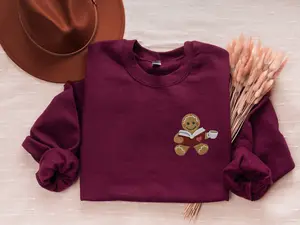 EMBROIDERED Gingerbread Man Reading Book with Coffee Sweatshirt, Bookworm Christmas Hoodie, Christmas Gift for Teacher, Bookish Sweatshirt