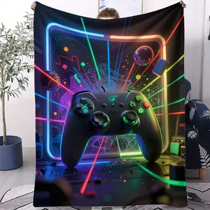 Neon-Printed Flannel Blanket With Gaming Controller Design, Cyberpunk Gaming Room Decor, Soft and Plush Blanket, Perfect for Teenage Boys and Gaming Enthusiasts, A Cozy Choice for Naps, The Couch, and Game Nights