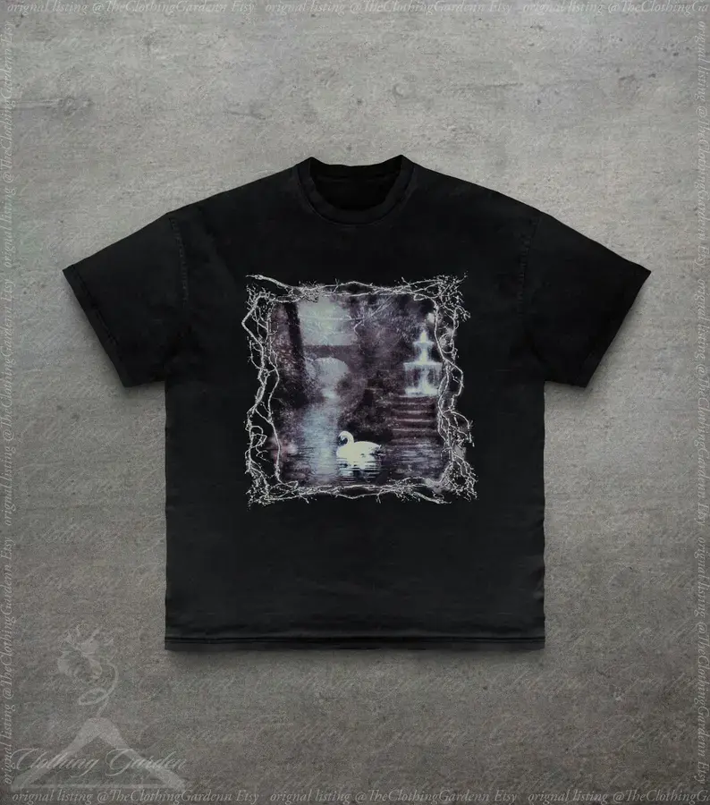 Dark Swan Graphic Tee, Vintage Style Moody Nature T-Shirt for Men Women, Gothic Fairycore Enchanted Forest Top, Dreamy Alt Aesthetic Shirt