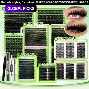 Multiple options: 800/621/570/192/128 Clusters Thick Synthetic Lash Kit, 30D-160D Mixed Styles, 8-18mm Mix Lengths, Natural Daily Wear, Salon Quality, Beginner-Friendly, For Daily & Christmas, Spring Stock-Up