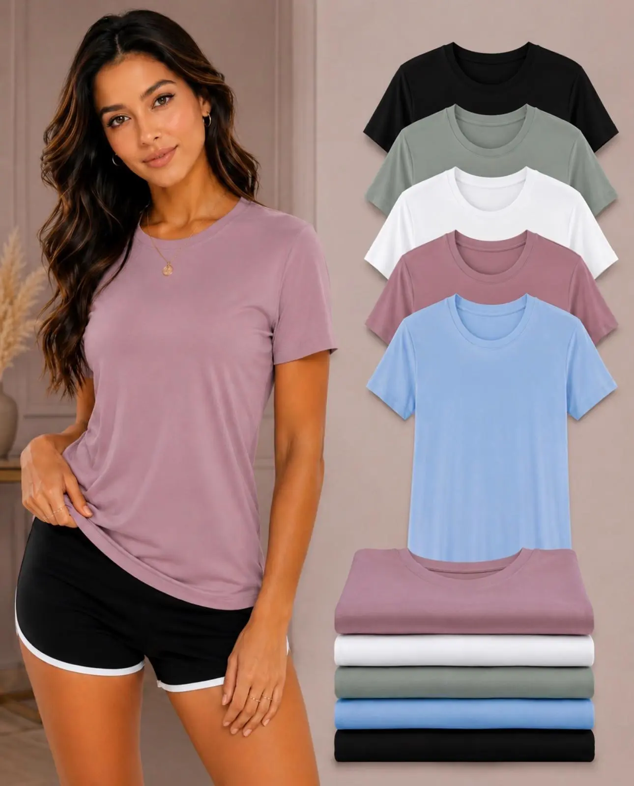 Women’s 5 Pack Basic T-Shirts, Short Sleeve Crew Neck Everyday Tops