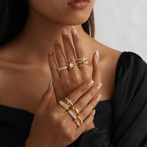 Pancert Gold-Tone 12-Piece Ring Set for Women: Versatile Mix & Match Styles with Zircon & Stripped Design - Chic Everyday Jewelry