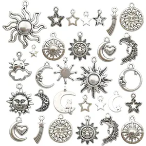 100g(80pcs) Craft Supplies Mixed Antique Silver Sun Moon Stars Charms Pendants for Crafting Jewelry Findings Making Accessory for DIY Necklace Bracelet (M250)