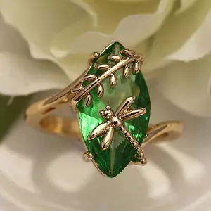 Creative Dragonfly Olive Green Gemstone Ring for Women European & American Vintage Marquise-Cut Cubic Zirconia Gold-Plated Alloy Craftsmanship Elegant 3D Design