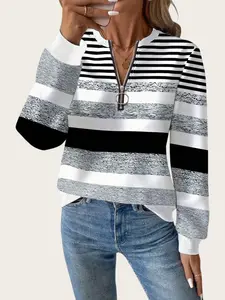 Women's New Plus Size Fall Winter Long Sleeve Striped Top, Casual Loose Half Zip Sweatshirt, Fitted Round Neck Pullover