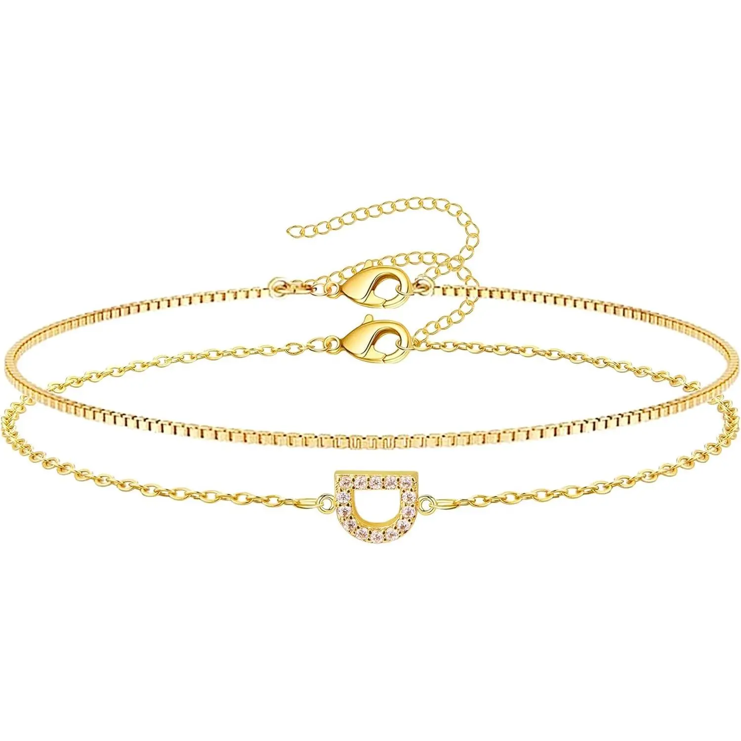 Gold Initial Bracelets for Women, Dainty 14K Gold Plated Letter Initial Bracelet for Women, Cute Layered Box Chain Gold Bracelets for Women Trendy Jewelry