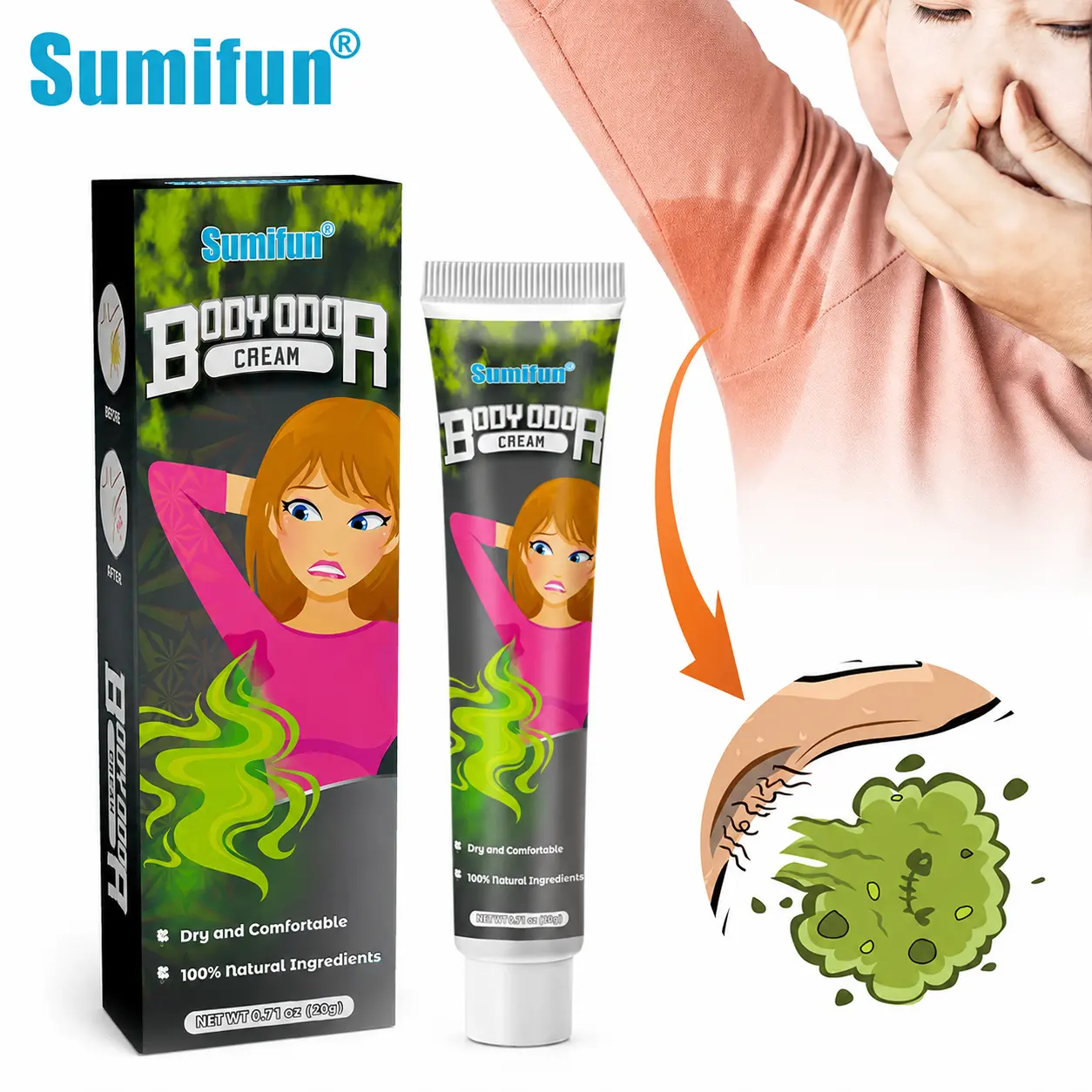 Sumifun 24H Refreshing Body Fragrance Cream — Underarm Odor Care Cream, Gentle Herbal Formula for Long-Lasting Dry Comfort, Unisex