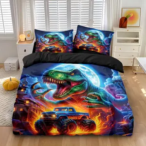 3-Piece Dinosaur & Truck Print Bedding Set, Includes 1 Fitted Sheet + 2 Pillowcases, No Core, Ideal for Home Bedroom Hotel School