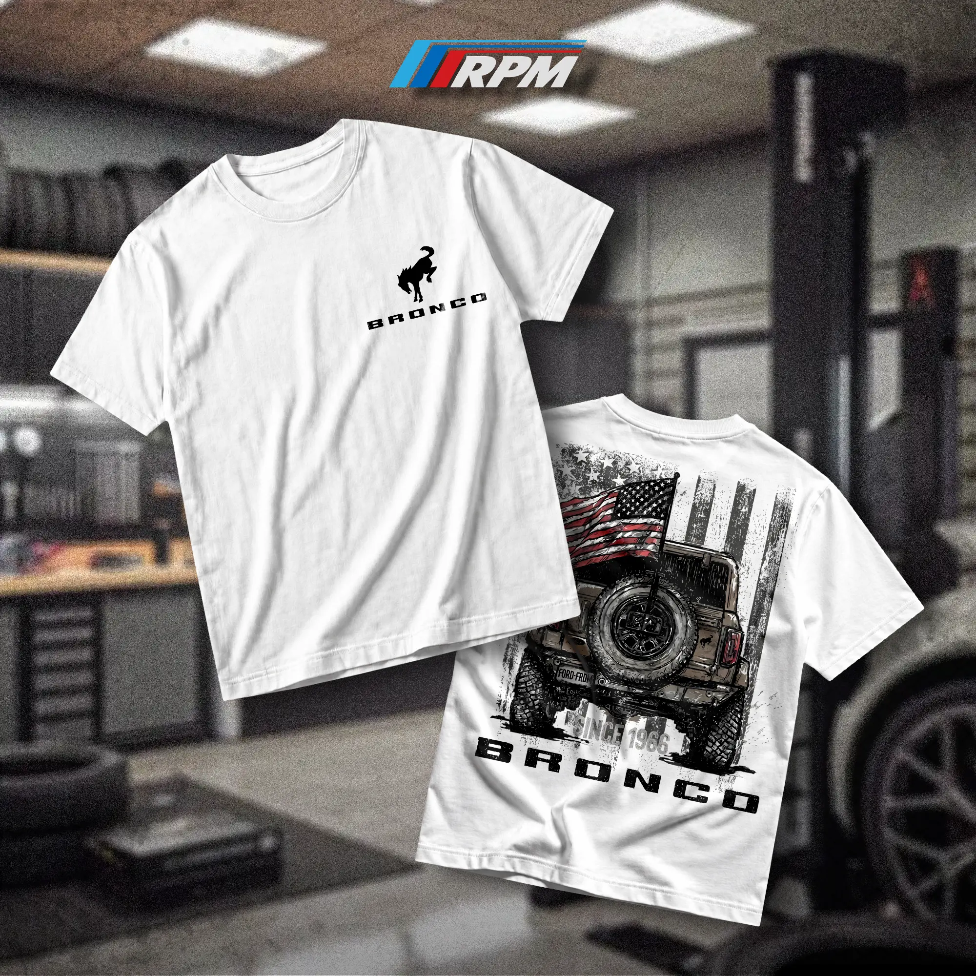 RPM Lab Ford Bronco 1966 Heavy Cotton T-Shirt Direct-To-Garment Breathable Printing Car Lover Hoodie Menswear Apparel Gift For Husband Gift For Men