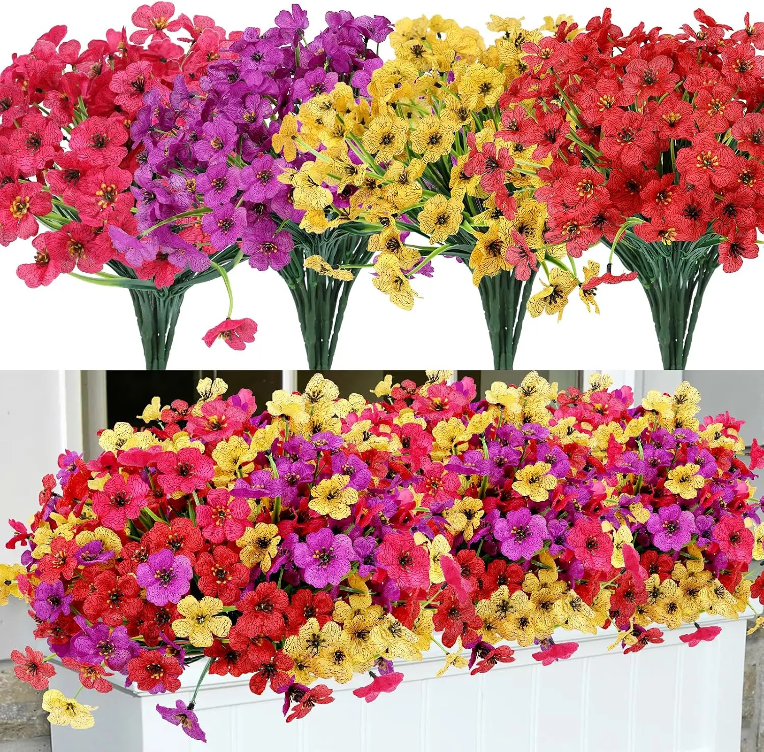 Artificial Outdoor Flowers UV Resistant, Artificial Flowers for Indoor & Outdoor Home, Colorful Fake Flower, Mixed Color Artificial Mums Plastic Bouquets for Front Door Yard Outdoor Decoration