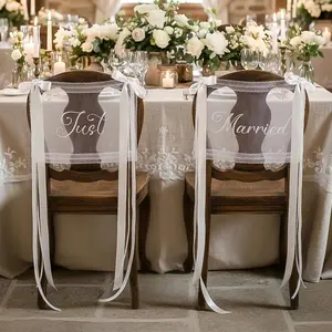 Just Married Wedding Chair Sign, Sheer Lace Bride & Groom Chairs Back Decoration with Ribbon, Sweetheart Table Seating Decor for Wedding Reception Photo Backdrop, Bridal Shower Gift Set of 2