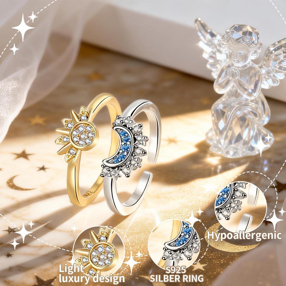 Celestial Sun & Moon Couple Rings Set – Adjustable Matching Promise Rings with Rhinestone, Dainty Stacking Sun Moon Jewelry for Couples, Romantic Gift for Girlfriend, Anniversary, Birthday, Valentine