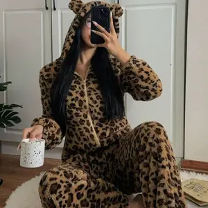 Coral Velvet Jumpsuit Women's Leopard Hooded Long Sleeve Nightwear Cozy Warm Winter Autumn Sleepwear Casual Pajamas Loungewear