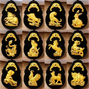 Gold Inlaid Natural Hotan Black Jade Pendant, Chinese Zodiac Jade Jewelry for Women & Men, Lucky Charm Amulet, Elegant Vintage Design, Perfect for Daily Wear, Birthday & Holiday Gift Giving bracelet luck unisex friendship day
