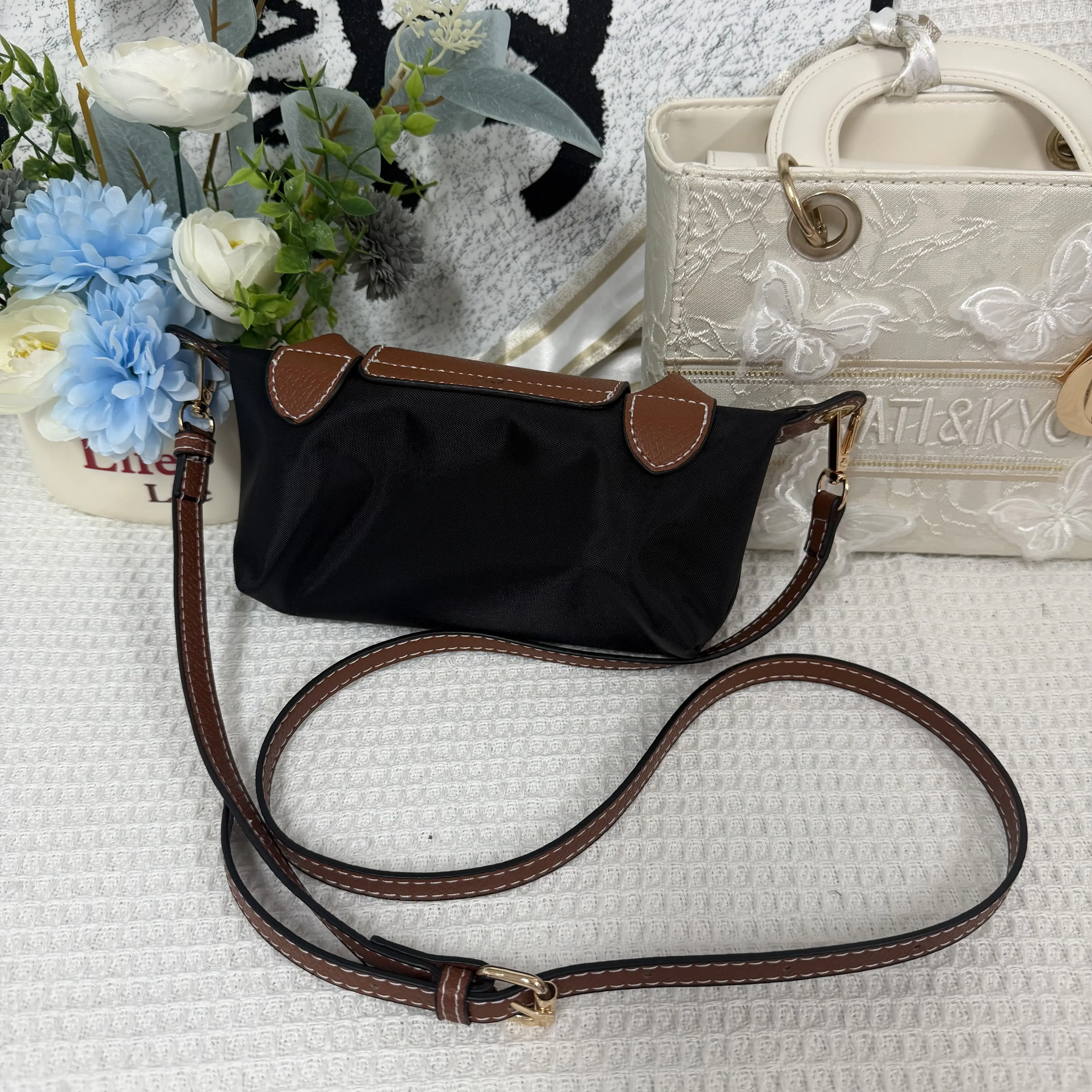Women's Lightweight Embroidered Tote Bag, Waterproof Nylon Hobo Purse or Mini Crossbody for Travel, Affordable Fashion Back to School Haul, Embroidery, Adjustable Strap, Casual, Top-Handle Tote, Foldable, Less Than 50Cm, 17.5*6*11.5Cm, Scratchproof