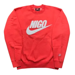 Nike x Nigo NRG Fleece Crew Pullover Sweatshirt, Men's Long Sleeve Casual Menswear Tops, Red