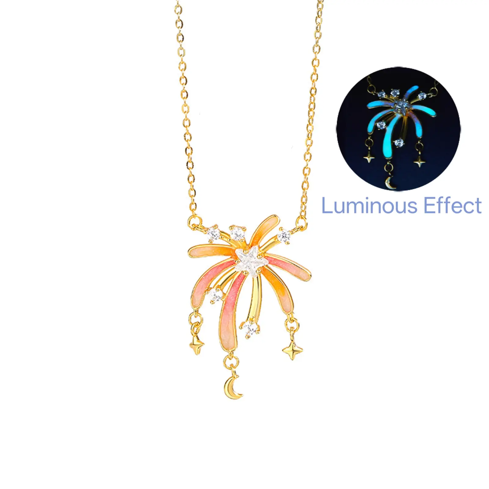 Unisex Sterling Silver Firework Necklace - Hypoallergenic, Elegant Luminescent Jewelry with Light/Sunlight-Activated Effect, Trendy All-Match Daily Wear Accessory, Ideal Birthday Gift for Moms
