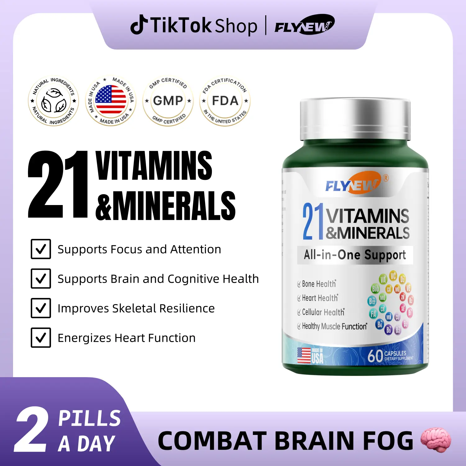 FLYNEW Vitamins & Minerals | Brain Fog Against | 21 All-in-One Support | Highly Potent Herbal Ingredients | Made in USA | 60 Capsules Dietary Supplem