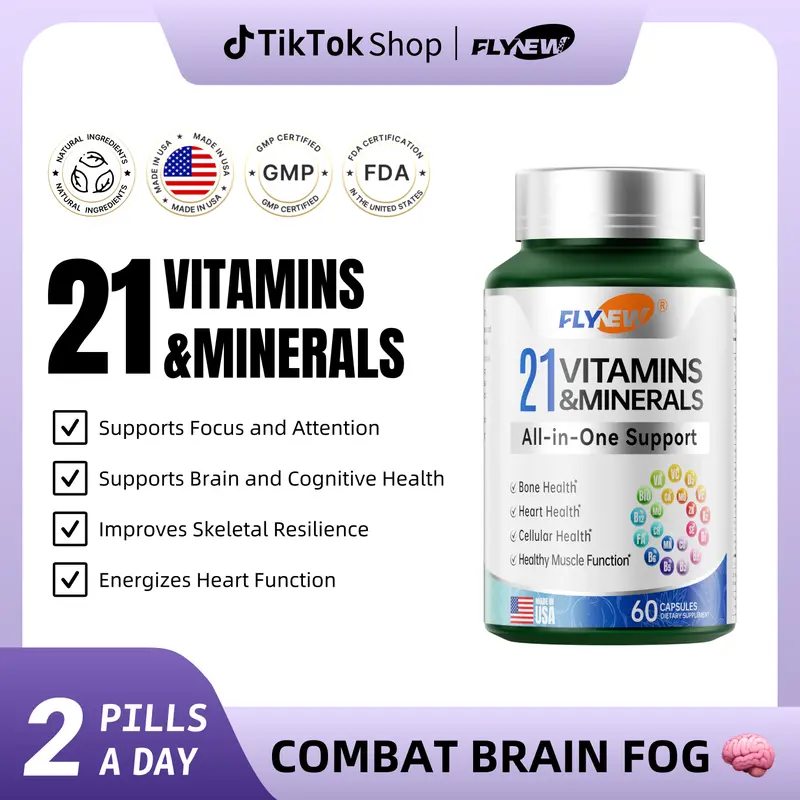 FLYNEW Vitamins & Minerals | Brain Fog Against | 21 All-in-One Support | Highly Potent Herbal Ingredients  | Made in USA | 60 Capsules Dietary Supplement