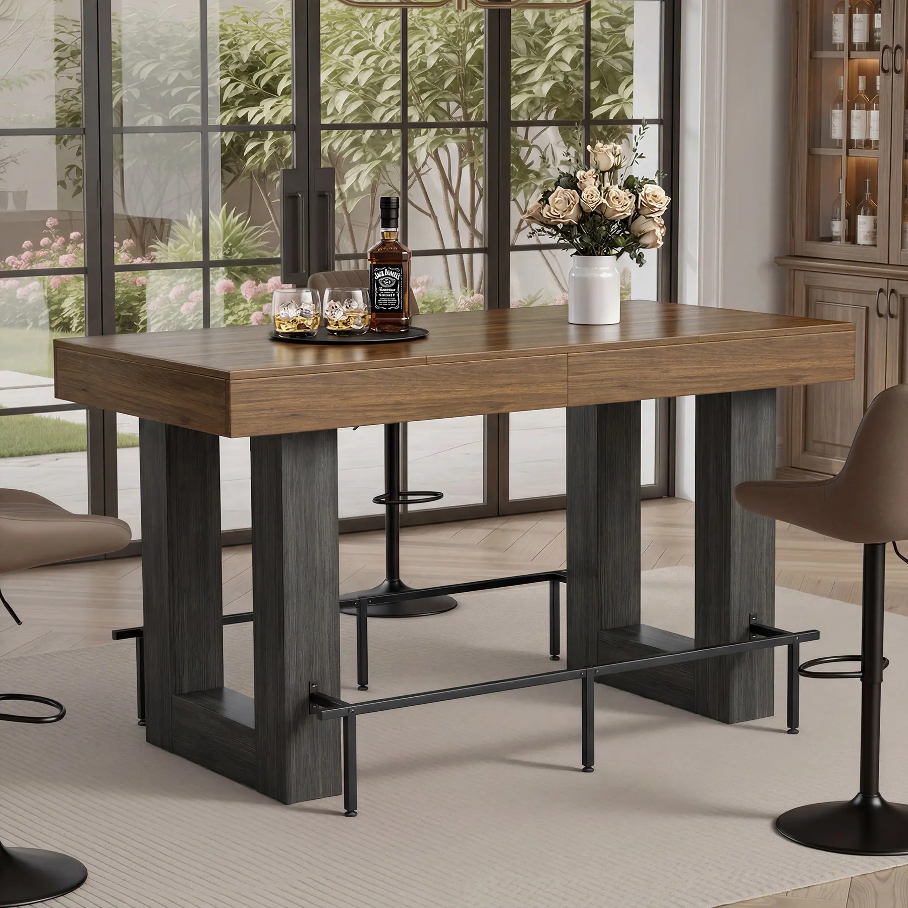 Sturdy Wooden Bar Counter Table – Heavy-Duty Base with Waterproof & Fire-Retardant Finish, Scratch-Resistant Surface, Ideal for Kitchen, Cafe, Restaurant